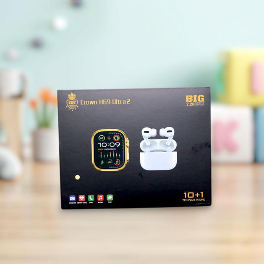 Crown H69 Ultra 2 smartwatch golden edition with Airpods pro