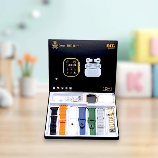 Crown H69 Ultra 2 smartwatch golden edition with Airpods pro