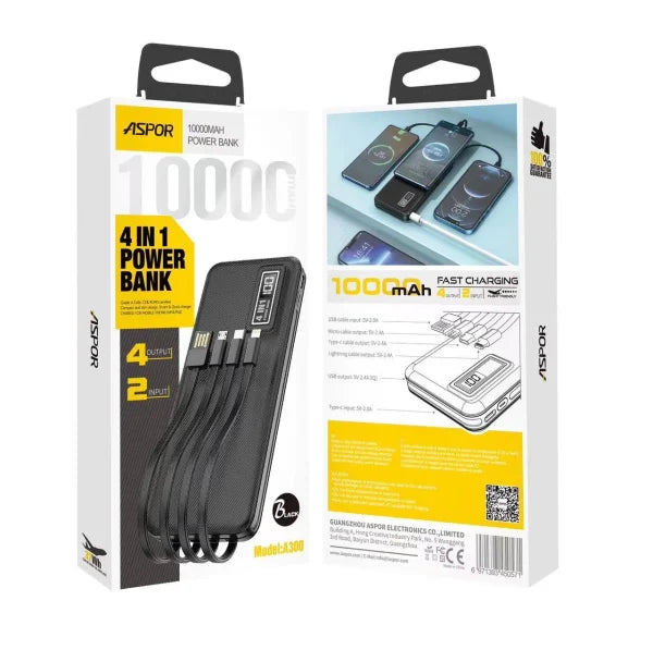 Aspor A300 Power Bank 10000mah Li-polymer Battery 4 In1 Power Bank Black