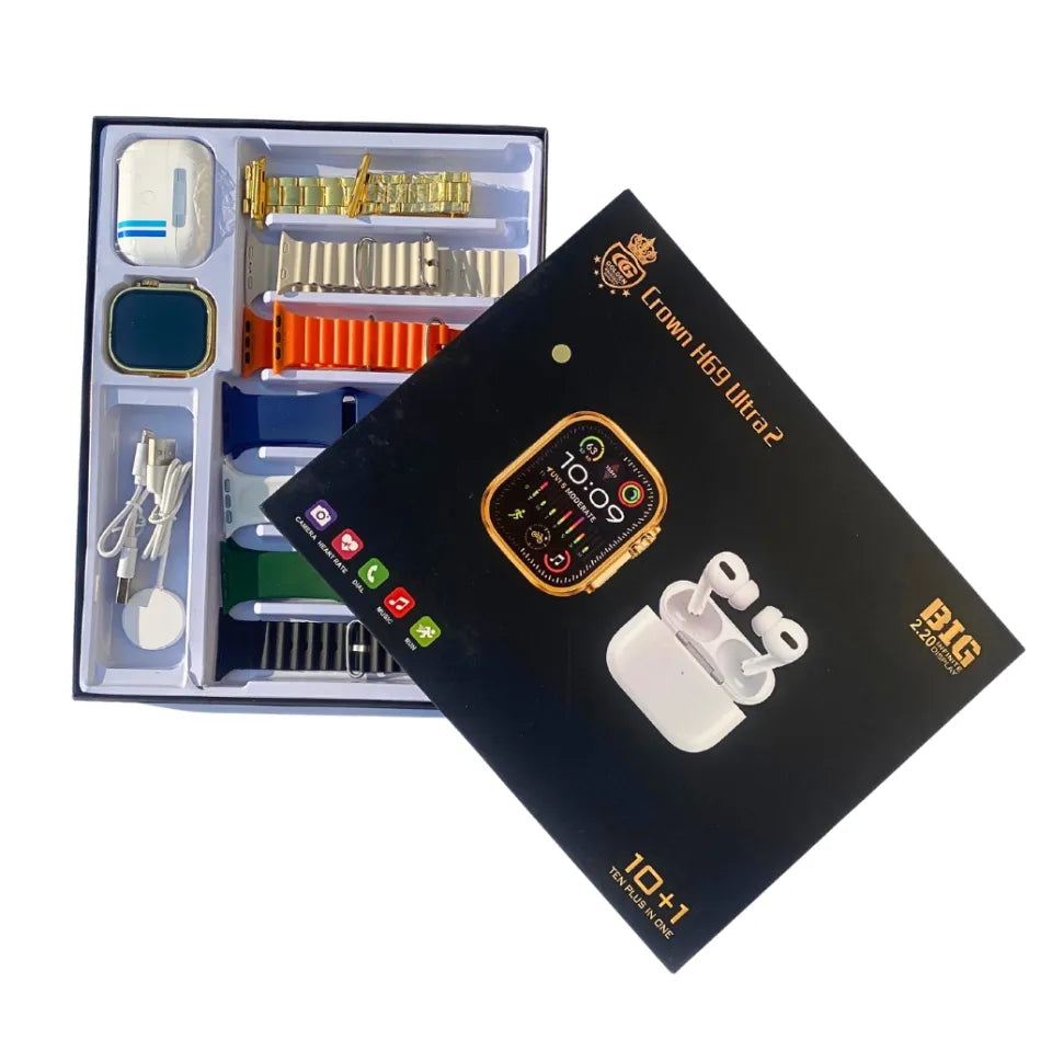 Crown H69 Ultra 2 smartwatch golden edition with Airpods pro