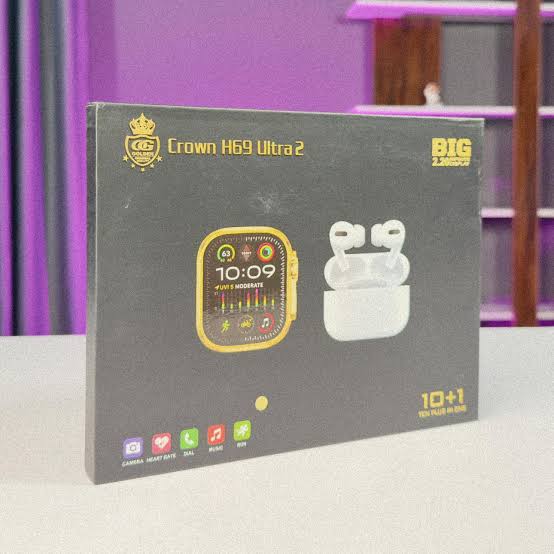 Crown H69 Ultra 2 smartwatch golden edition with Airpods pro