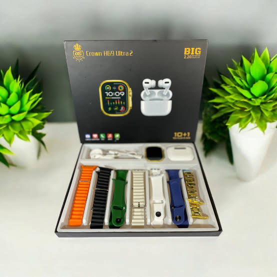 Crown H69 Ultra 2 smartwatch golden edition with Airpods pro